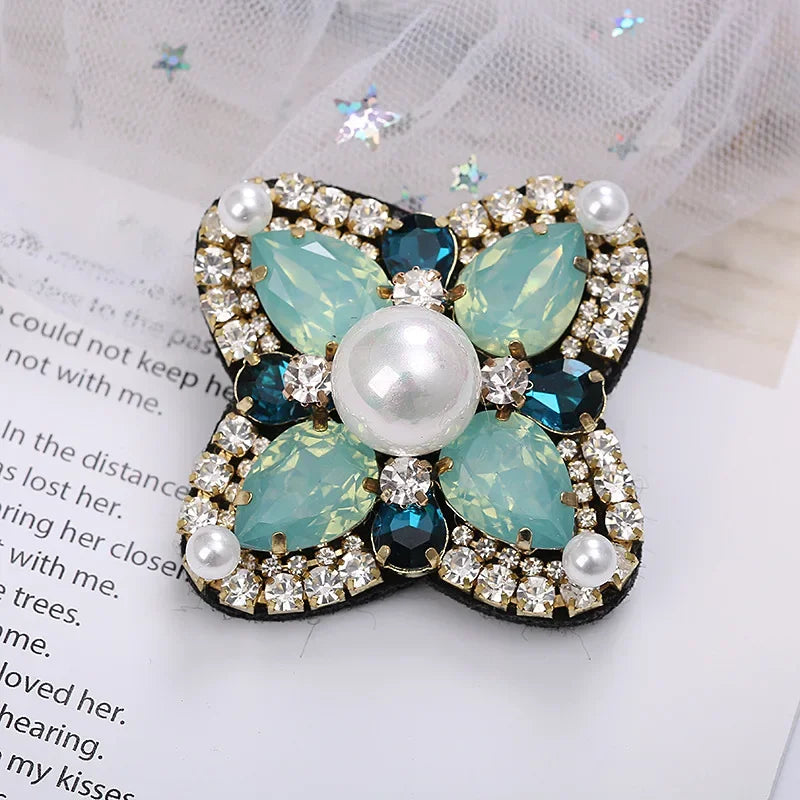 Elegant Geometric Crystal Stone Square Symmetrical Brooch Blue Green Large Rhinestone Cross Flower Pin with Clip for Women