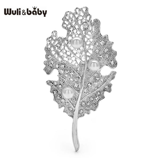 Wuli&baby Czech Rhinestone Leaf Brooches For Women Unisex High Quality 2-color Plants Party Office Brooch Pins Gifts