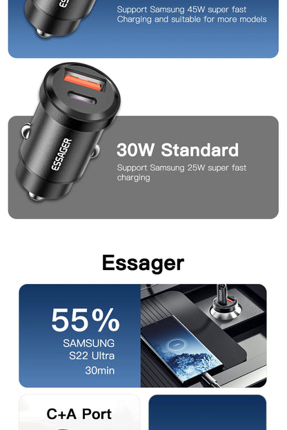 Essager USB C Car Charger 45W 5A Quick Charge 4.0 QC PD 3.0 SCP USB Type C Fast Charging For iPhone14 13 Huawei Samsung Xiaomi