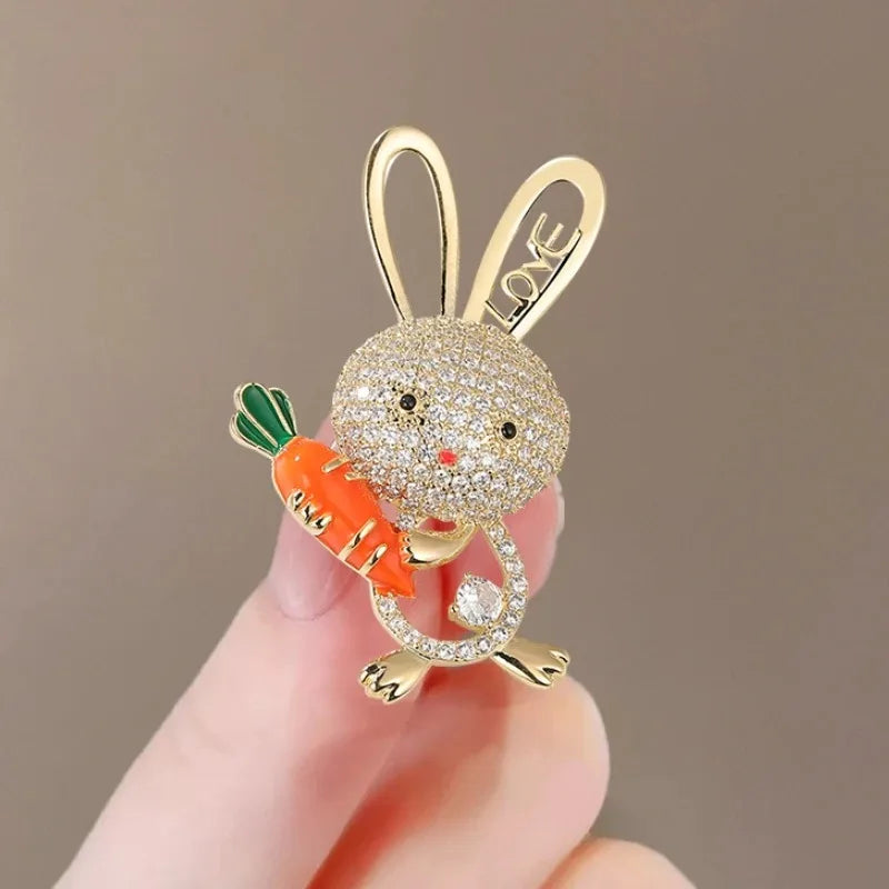 Cute Cartoon Rabbit Bunny Carrot Brooch Rhinestone Animal Lapel Pin Bag Backpack BFF Jewelry Accessories Gift