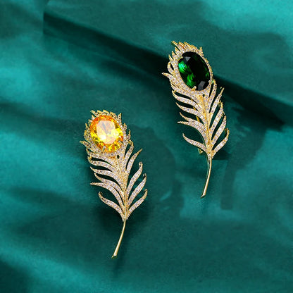 New Green Yellow Crystal Feather Lapel Pin for Women Men Inlaid Cubic Zirconia Coat Suit Accessories New Year Jewerly Gifts