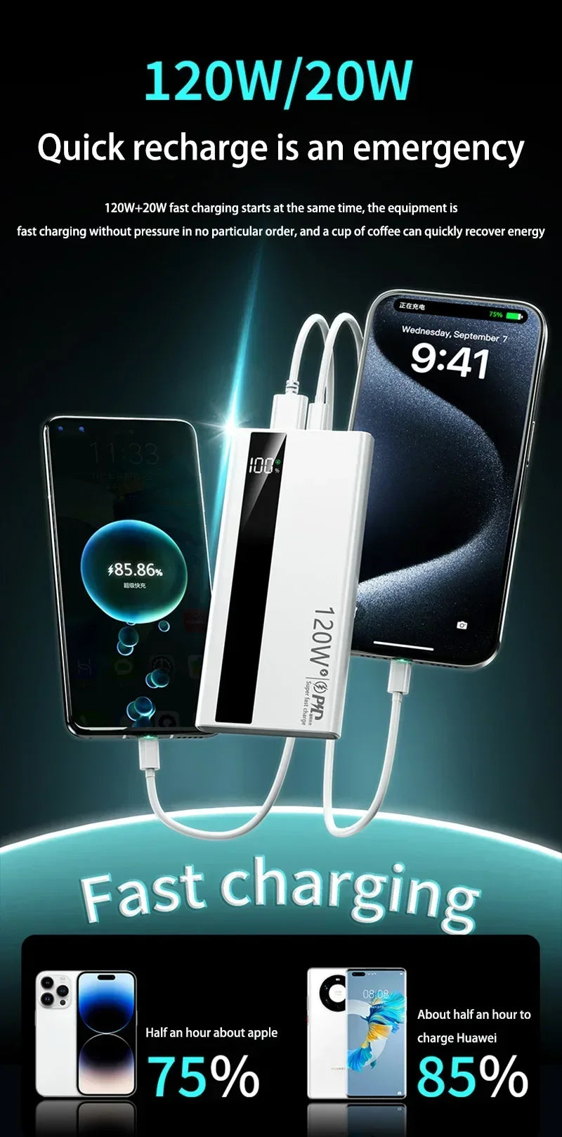 Lenovo 200000mAh Powerbank 120W Super Fast Charging Portable Battery Charger Ultra Capacity LED Digital Display For IPhone