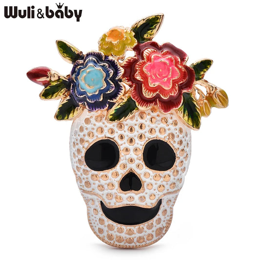 Wuli&baby Wear Flowers Skull Brooches For Women Unisex 2-color Alloy Enamel Skeleton Clothes Bags's Brooch Pins Gifts