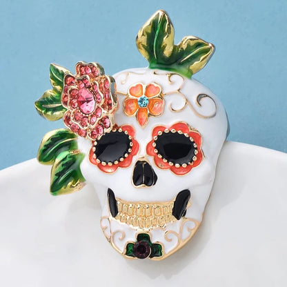 Wuli&baby Lovely Enamel Skull Brooches For Women Unisex Flower And Skeleton Casual Party Coat Brooch Pins Gifts
