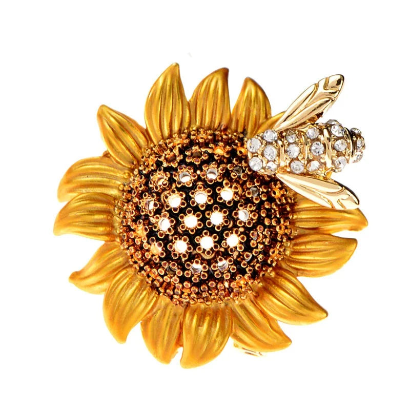 Trendy Elegant Sunflower With Rhinestone Bee Brooches For Women Men Daisy Flower Collar Insect Pins Badges Jewelry Accessories