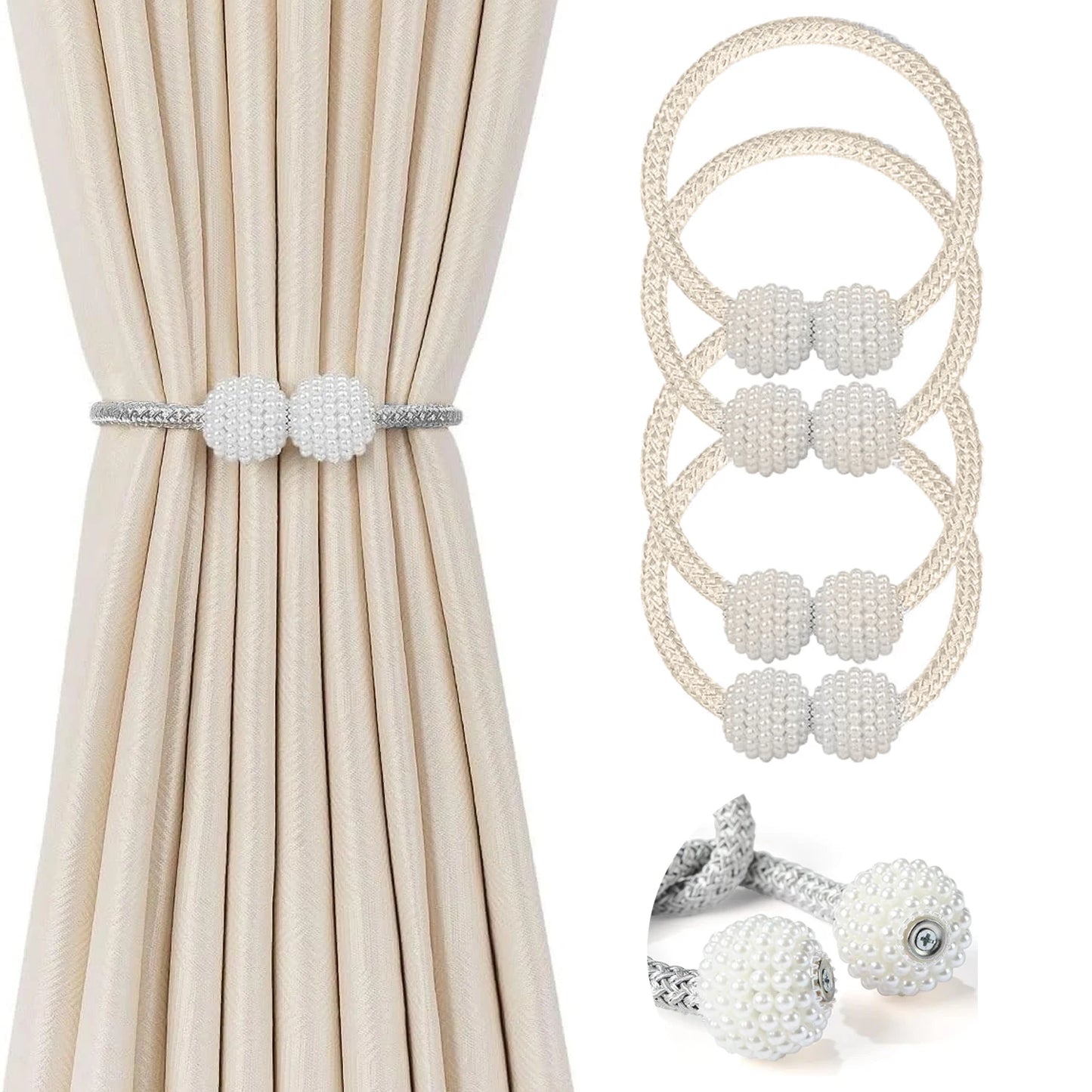 1/2PCS Curtain Buckle Curtain Strap Pearl Buckle Design Curtain Tie Rope Curtain Tiebacks with Strong Magnet Decor Accessories