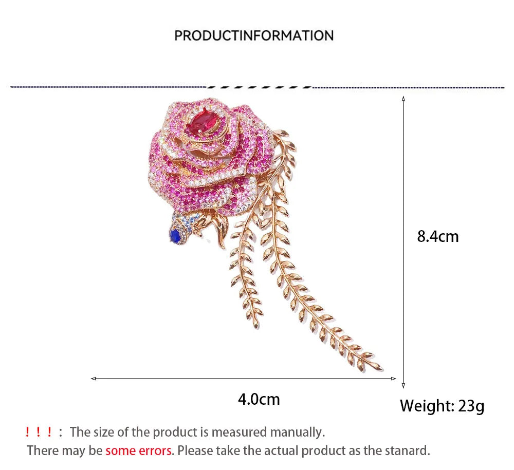 Ladies Heavy-Duty Pink Zircon Classic Rose Brooch Light Luxury Design Fashion High-End Shirt Suit Clothing Accessory Jewelry