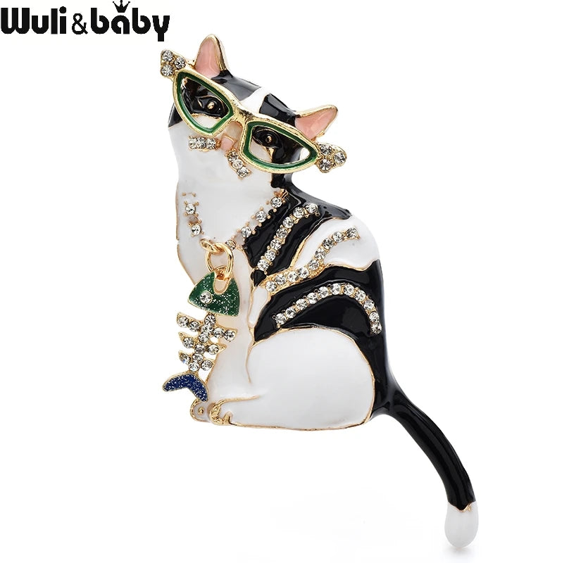 Wuli&baby Cool Wear Fish Bone Cat Brooches Alloy Enamel Lovely Pet Animal Brooch Pins For Women's Clothes Backpack Jewelry Gifts