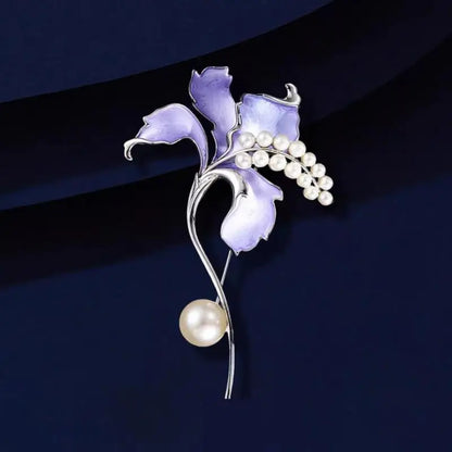 Purple Iris Flower Brooch For Women Shiny Pearl Enamel Pin Elegant Wedding Banquet Jewelry Gift