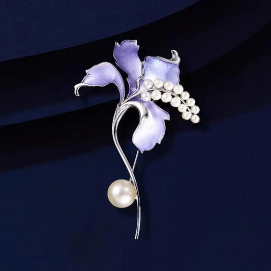 Purple Iris Flower Brooch For Women Shiny Pearl Enamel Pin Elegant Wedding Banquet Jewelry Gift