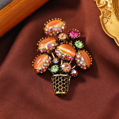 Creative Vintage Rhinestone Flower Brooches For Women Men Fashion Opal Stone Cactus Bouquet Brooch Lapel Pin Office Jewelry Gift