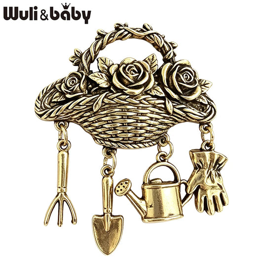 Wuli&baby Vintage Flowers Basket Brooches For Women 2-color Metal Garden-tools Pendant Rose-flower Basket Casual Brooch Pin Gift