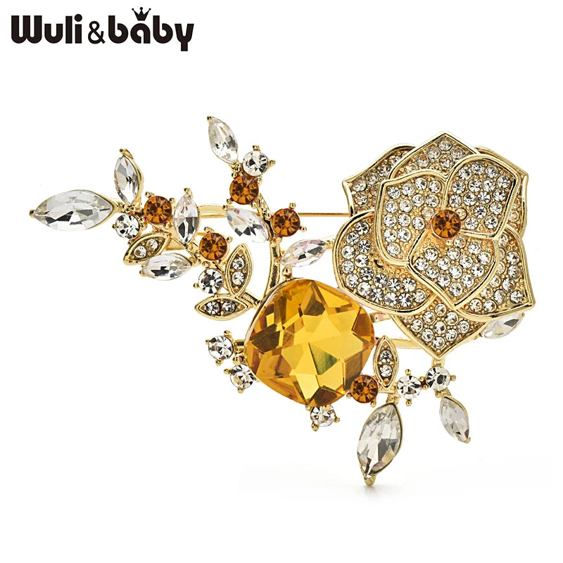Wuli&baby Luxury Beautiful Flower Brooches For Women Unisex 4-color Rhinestone Rose-flower Elegant Party Office Brooch Pins Gift