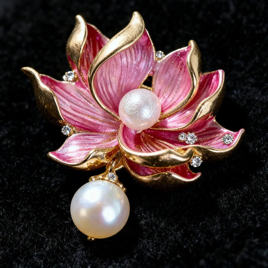 Vintage Chinese Stylish Glaze Painted Lotus  Pearl Brooches For Women Fashion Flower Plant Pin Jewelry Office Party Unisex Gift