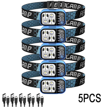 Rechargeable Fishing LED Headlamp With Sensors and Battery Indicator Super Bright Camping Light Using XPG+COB Lamp Beads