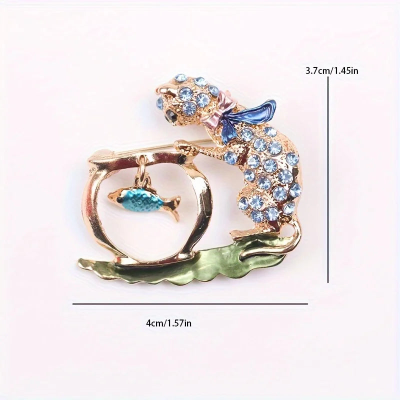 Rhinestone Bowknot Cat Brooch Cute Kitten Looking Fish Pins New Year Jewelry