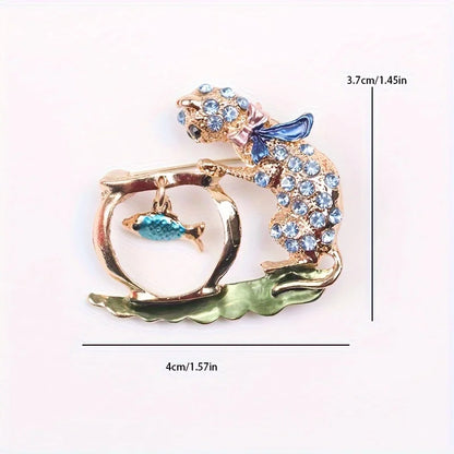 Rhinestone Bowknot Cat Brooch Cute Kitten Looking Fish Pins New Year Jewelry