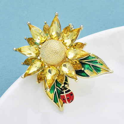 Wuli&baby Crystal Sunflower Brooches For Women Unisex Lovely Ladybug And Flower Office Party Brooch Pin Gifts