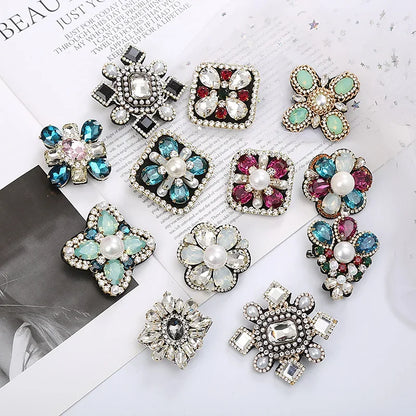Elegant Geometric Crystal Stone Square Symmetrical Brooch Blue Green Large Rhinestone Cross Flower Pin with Clip for Women