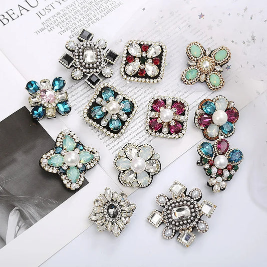 Elegant Geometric Crystal Stone Square Symmetrical Brooch Blue Green Large Rhinestone Cross Flower Pin with Clip for Women