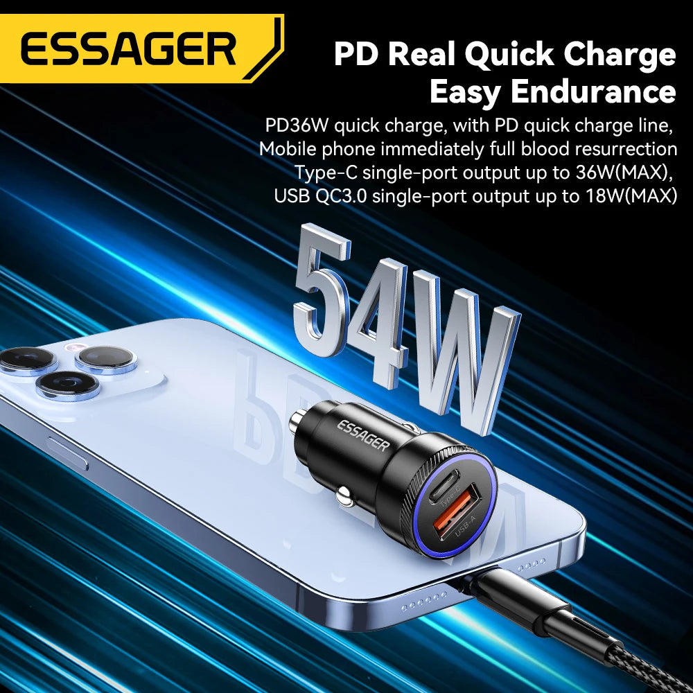 Essager 54W USB Car Charger 5A Fast Charge 3.0 QC  SCP AFC 30W USB Type C Quick Charging For Xiaomi poco iPhone Huawei Samsung