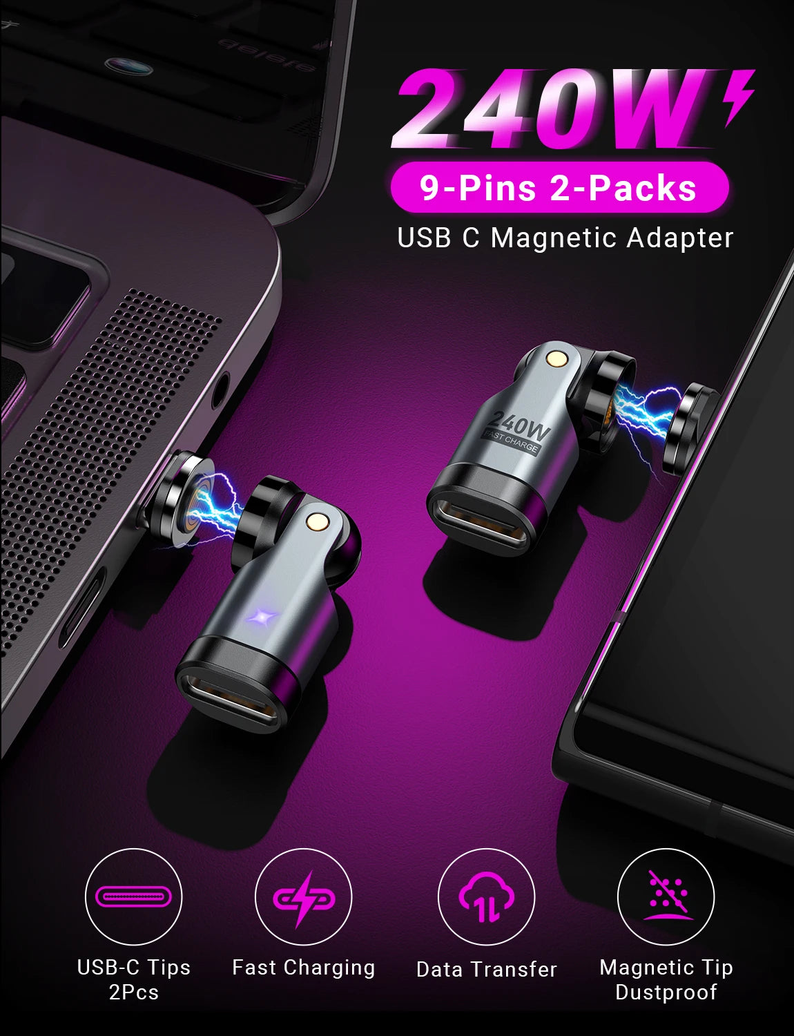 AUFU 9pin Magnetic OTG Adapter Type C Female to Type C IOS Micro Male Converter PD 240W Fast Charging Adapter For iPhone Laptop