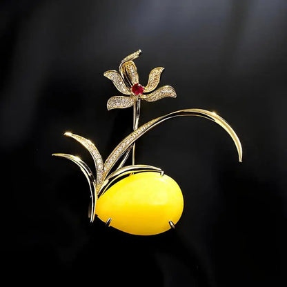 Luxury Orchid Brooch With Yellow Amber And Red Gemstone Elegant Gold Plated Flower Brooch For Women Vintage Jewelry