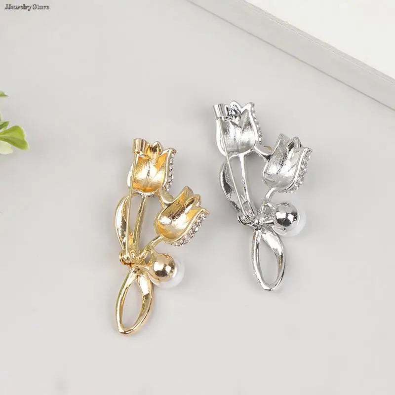 1pc Luxury New Tulip Flower Brooch Elegant Design Sense Rose White Stone Jewelry Collar Pin Jewelry