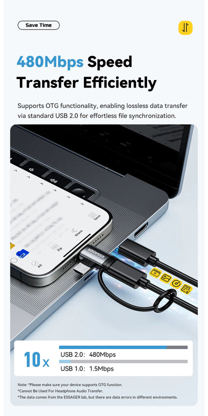 Essager 2 IN 1 Lighting/Micro Adapter Fast Charging USB Type C Female Connector For iPhone 17 16 15 14 13 12 11 IPad Converter