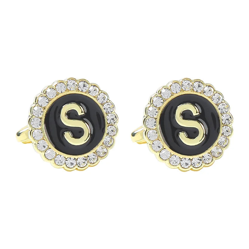 New Round Rhinestone Cufflinks for Men 26 English Letter Cuff Links Button French Business Accessories Gifts