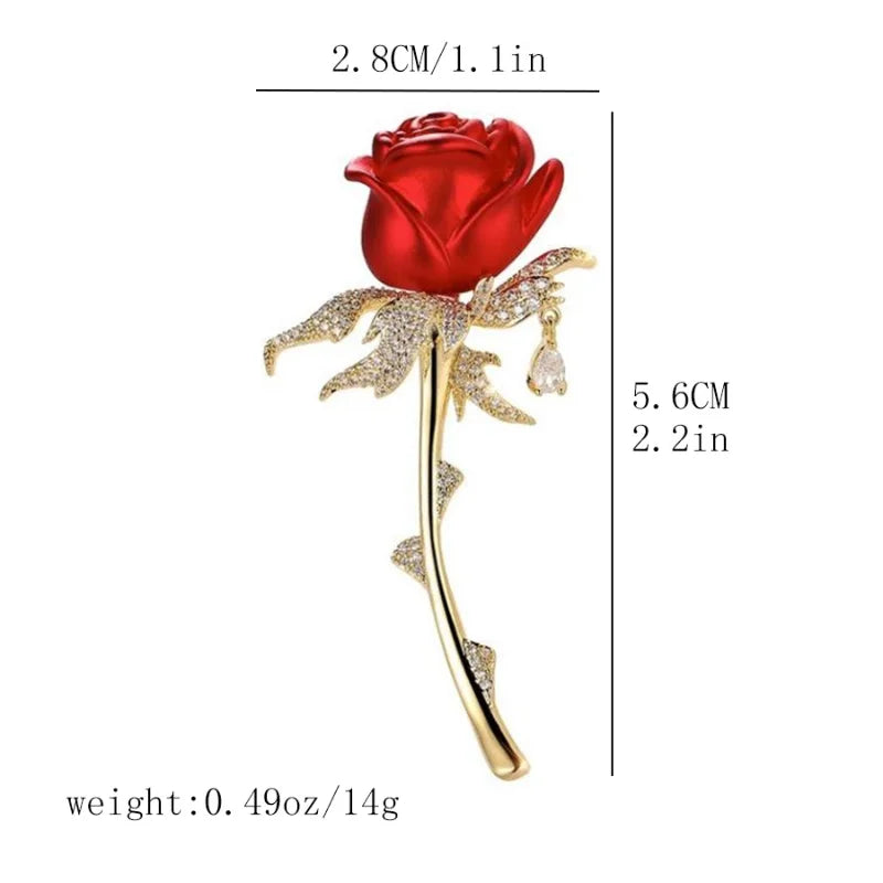 Shiny Rhinestone Red Rose Flower Brooches for Women Elegant Exquisite Suit Dress Flower Branch Lapel Pins Wedding Badge Jewelry