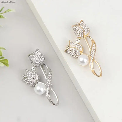 1pc Luxury New Tulip Flower Brooch Elegant Design Sense Rose White Stone Jewelry Collar Pin Jewelry