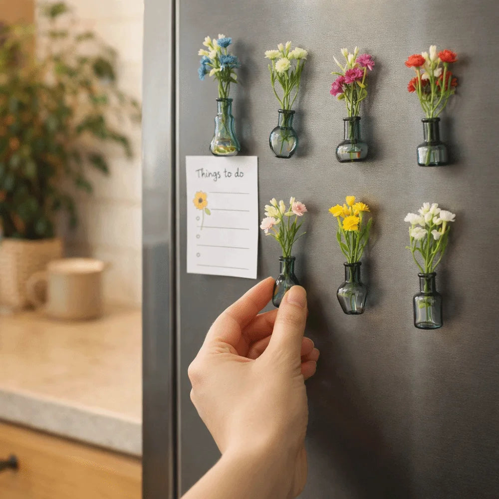 Flower Arrangement 3D Magnetic Vase Sticker Exquisite Decorative Magnetic Glass Vases With Flower Mini Vase Magnets Home