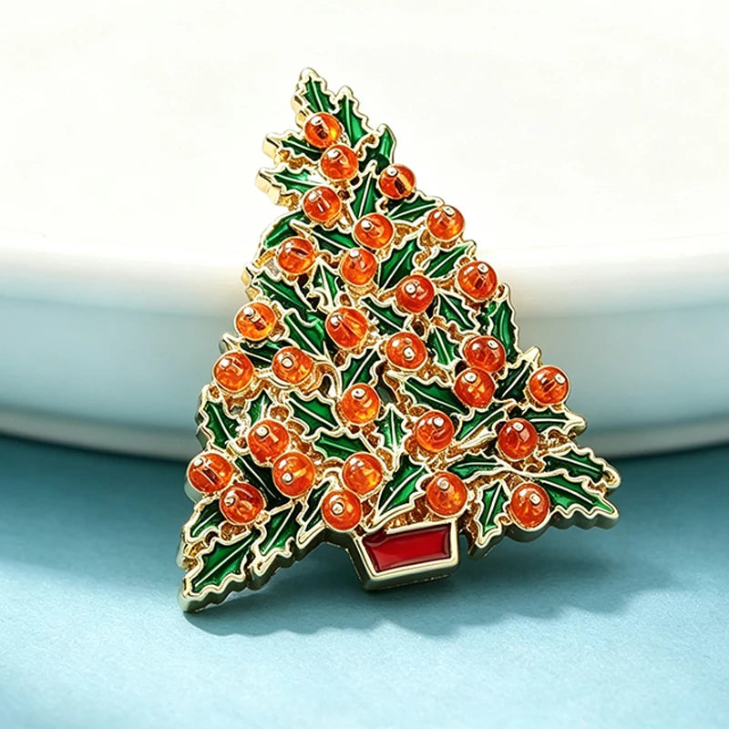 Wuli&baby Christmas Tree Brooches For Women Unisex Enamel Red-beads New Year Tree Party Casual Brooch Pin Gifts