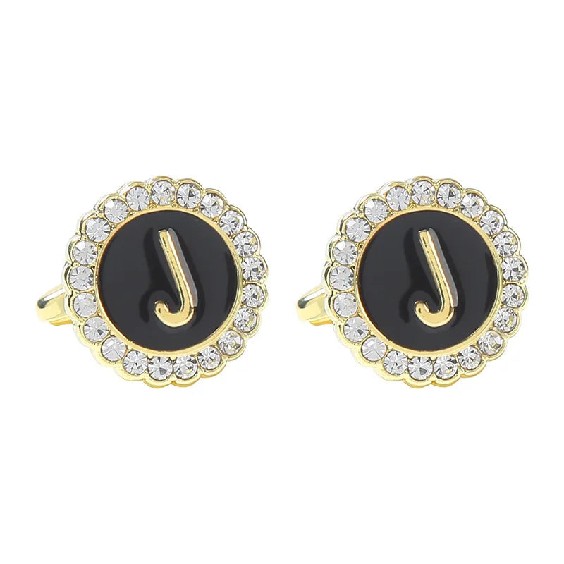 New Round Rhinestone Cufflinks for Men 26 English Letter Cuff Links Button French Business Accessories Gifts