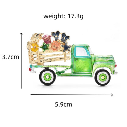 Wuli&baby Enamel Flowers On Green Truck Brooches Metal Badge Gift For Kid And Family Jewelry Accessory Pin