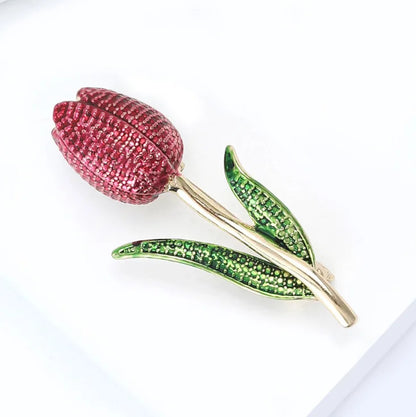 Enamel Tulip Flower Brooch 2 Colors Rhinestone Crystal Lapel Pin For Women Plant Jewelry Party Office Suit Coat Accessories