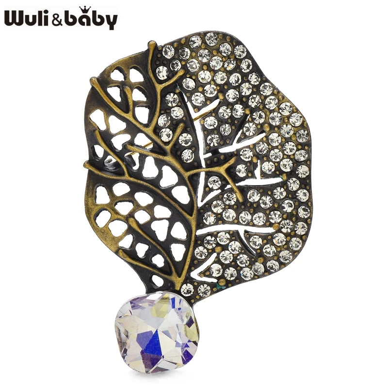 Wuli&baby Retro Crystal Leaf Brooch Pins 3-color High Quality Rhinestone Metal Flower Brooches For Women's Clothes Fashion Gifts