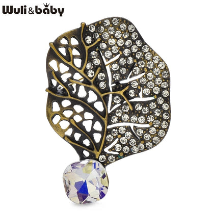 Wuli&baby Retro Crystal Leaf Brooch Pins 3-color High Quality Rhinestone Metal Flower Brooches For Women's Clothes Fashion Gifts