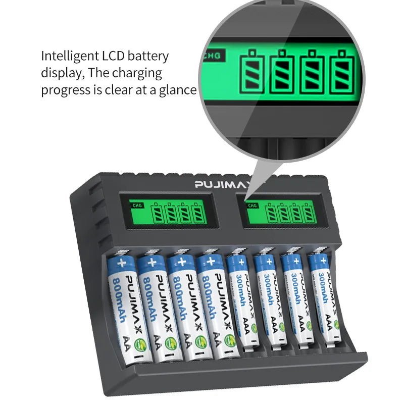PUJIMAX 8-slot Battery Charger Suitable 1.2V AAA/AA Rechargeable Battery Short Circuit Protection LED Display NiMH/NiCd Charger