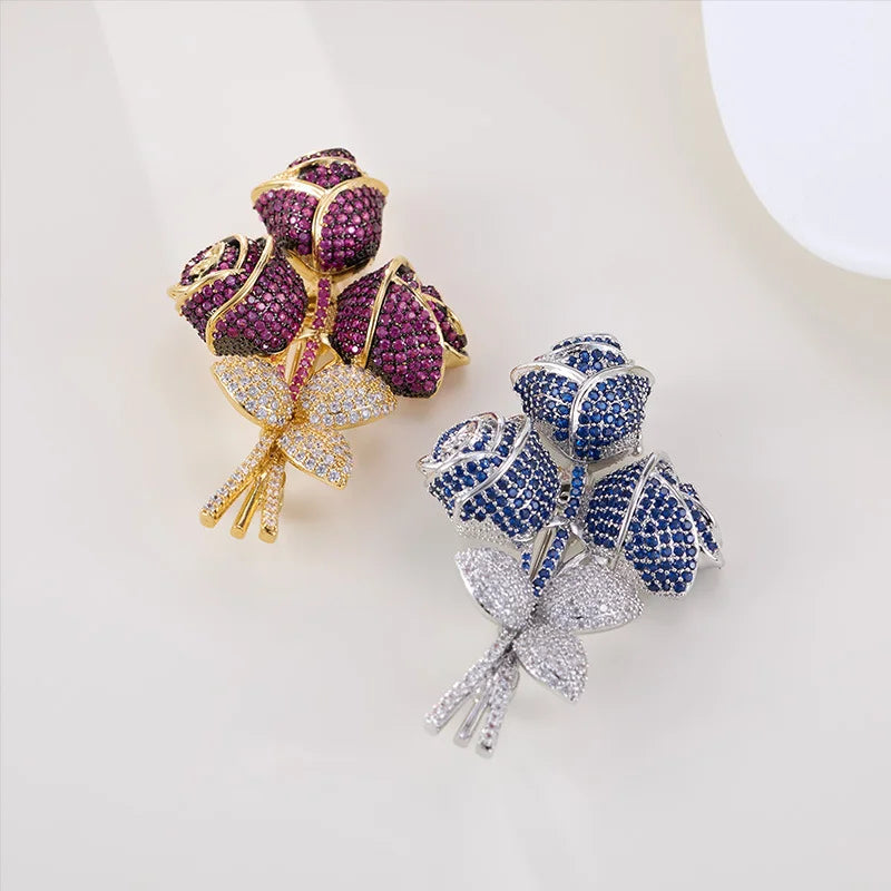 Luxurious heavy industry full of zircon rose bouquet brooch women's high-end elegant elegant evening coat accessories corsage