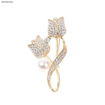 1pc Luxury New Tulip Flower Brooch Elegant Design Sense Rose White Stone Jewelry Collar Pin Jewelry