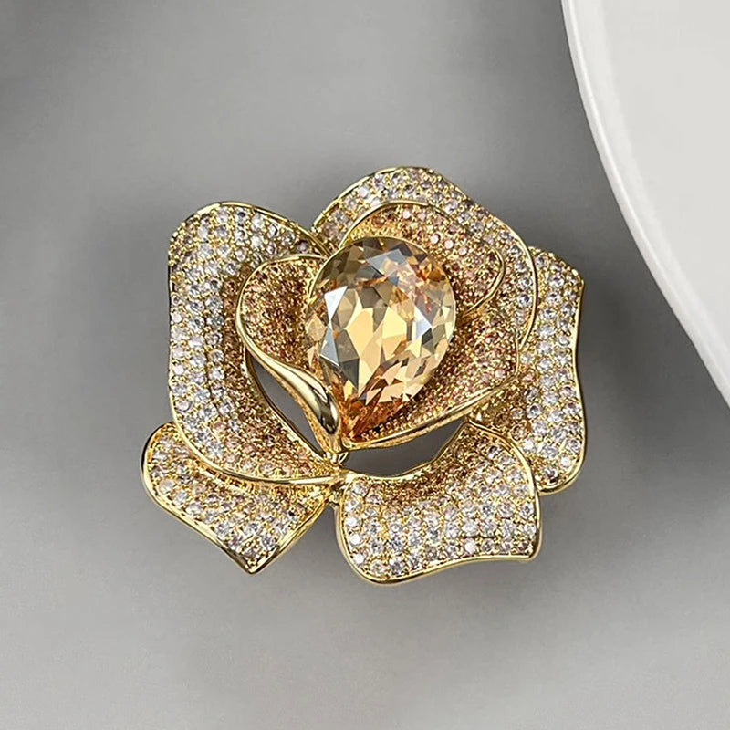 Fashion Exquisite Rhinestone Crystal Flower Brooch For Women Clothing Coat Jewelry Accessries Gifts
