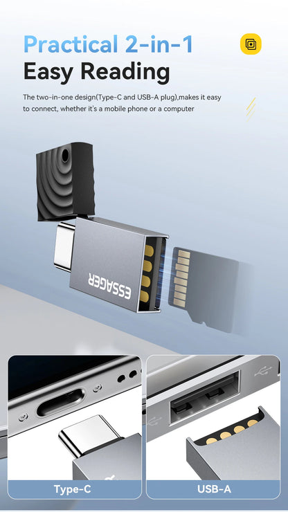 Essager 2-in-1 Mini Type C USB2.0 Card Reader Adapter Micro SD TF Memory Card Reader for iPhone 16 15 Pro Huawei Macbook iPad