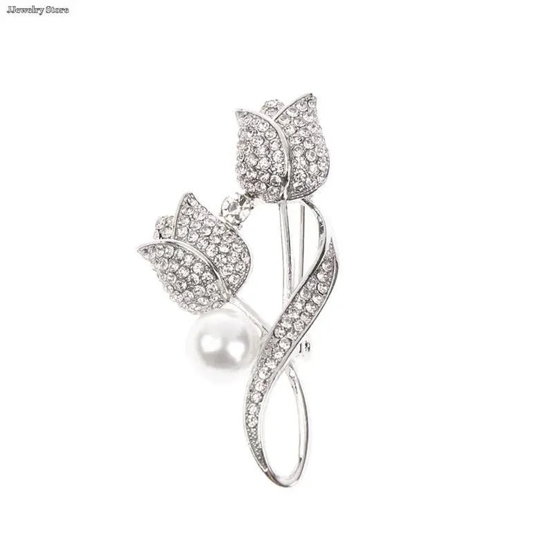 1pc Luxury New Tulip Flower Brooch Elegant Design Sense Rose White Stone Jewelry Collar Pin Jewelry