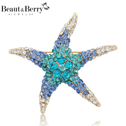 Beaut&Berry Luxury Rhinestone Starfish Brooches for Women Unisex Marine Life Pins Casual Party Jewelry Accessories Gifts