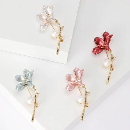 Luxury Pearl Enamel Flower Brooches for Women 4-color Botanical Pins Elegant Casual Accessories Perfect Gifts