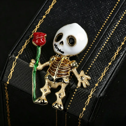 Baroque Luxury Rose and Skull Design Brooch for Men and Women, Halloween Jewelry and Fashion Accessories