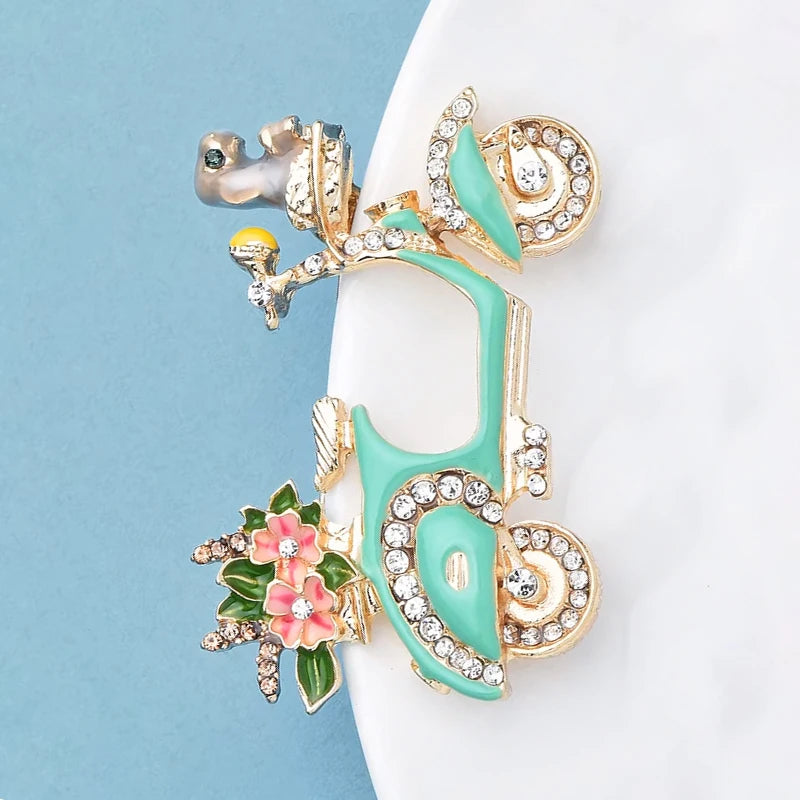 Wuli&baby Green Enamel Motor Bike Brooch Pin Flower Bouquet Puppy Sitting Front Cute Badge Jewelry Accessory