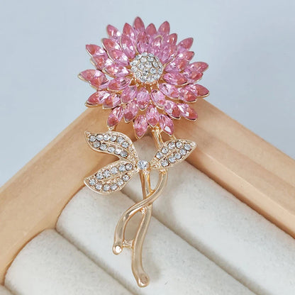 Shiny Rhinestone Sunflower Brooch Pin For Women Luxury Zircon Daisy Flower Collar Badge Elegant Floral Bouquet Corsage Jewelry
